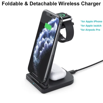 

Foldable 3-in-1 Wireless Charging Dock Station, Detachable Desktop Charger Stand for iPhone Airpods iWatch Samsung Huawei Xiaomi