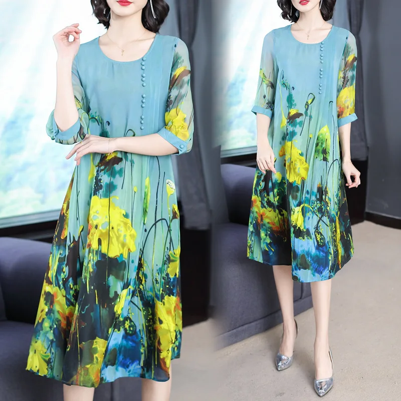 

2019 Spring New Products WOMEN'S Dress Elegant Elegant Floral Faux Silk Dress Mid-length Loose-Fit Mulberry Silk Women's