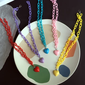 

Cute Acrylic Link Chain Harajuku love Purple Pink heart Necklace Cute Hip Hop Party Punk Friends Pendant Choker Jewelry