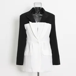Feminino preto contraste cor bolso blazer nova lapela manga comprida único botão solto ajuste jaqueta moda maré primavera outono outwear