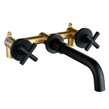 

New Wall Sink Basin Mixer Tap Hot And Cold Set Bathroom Spout Faucet With Double Lever In Matt Black/Polished Gold/Chrome