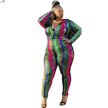 

5XL Plus Size Women Jumpsuits V-neck Full Sleeve Sequined Sexy Jumpsuit Women Romper Night Party Club Outfit One Piece Jumpsuit