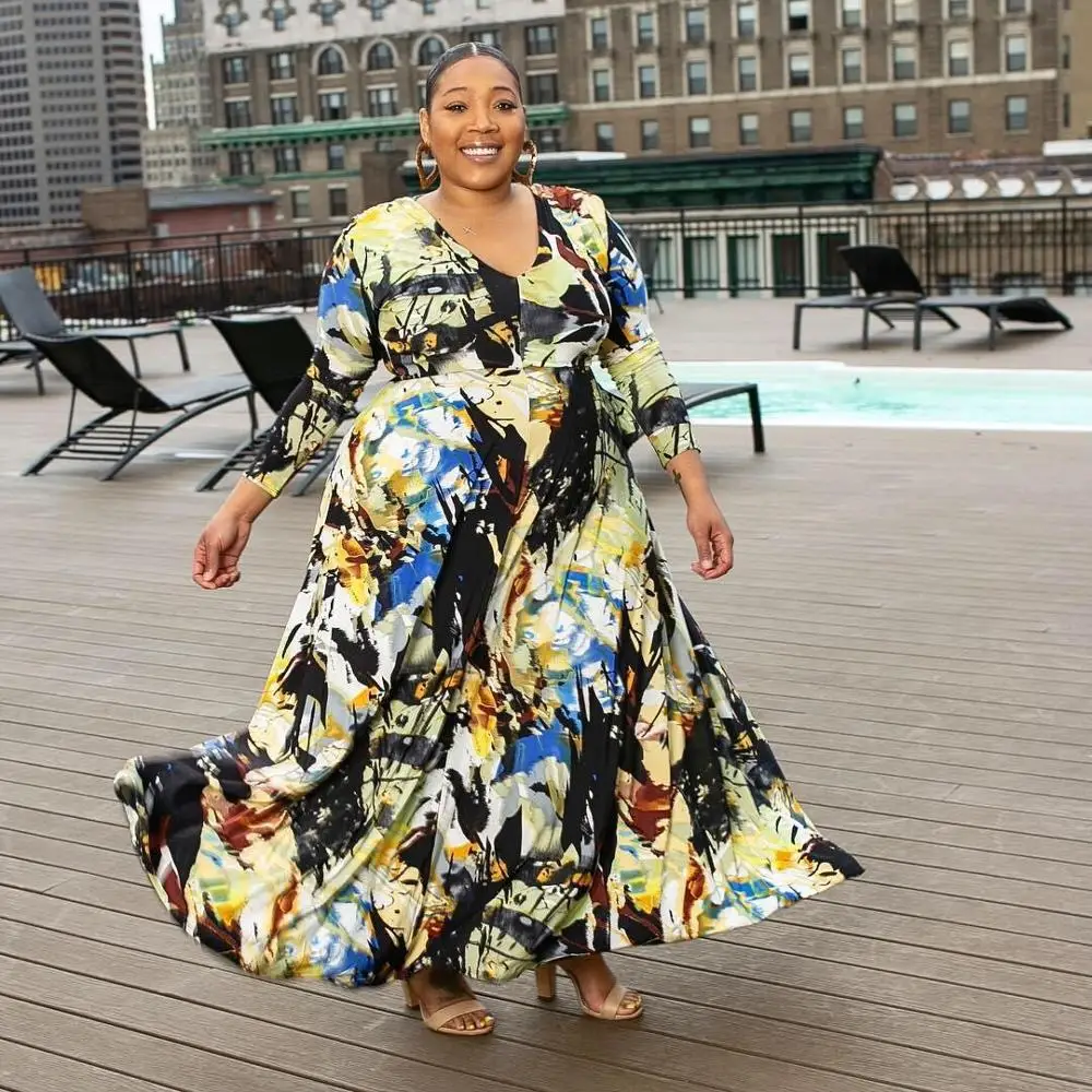 

Plus Size Dresses For Women 3XL 4XL Flower Print Long Sleeve V Neck Loose Ankle Length Fashion 2020 Autumn Elegant Dresses New