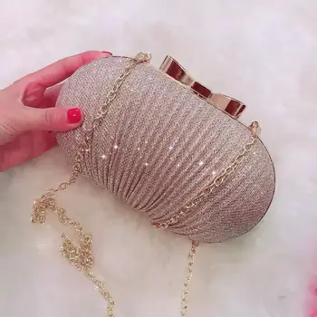 

New High Quality Golden Evening Clutch Bag Women Bags Wedding Shiny Handbags Bridal Metal Bow Clutches Bag Chain Shoulder Bag
