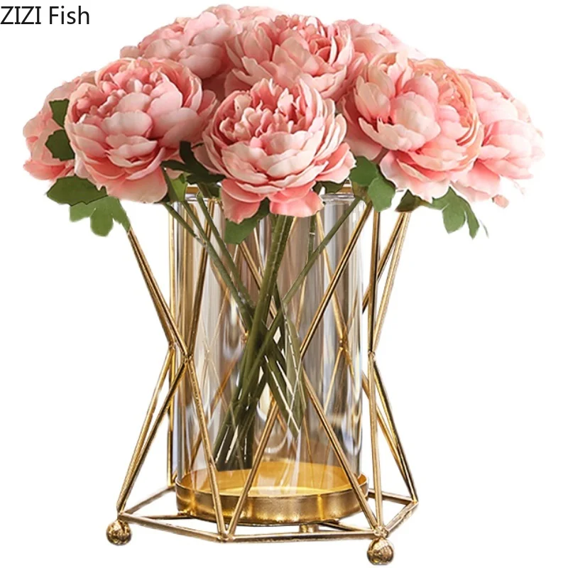 Creativity Glass Transparent Geometry Golden Metal Frame Flower Vase 6 Creativity Glass Transparent Geometry Golden Metal Frame Flower Vase 6