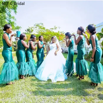 

Long Mermaid Green African Bridesmaid Dresses High Neck Sleeveless Satin Tulle Plus Size Maid Of Honor Dress Robe De Soiree