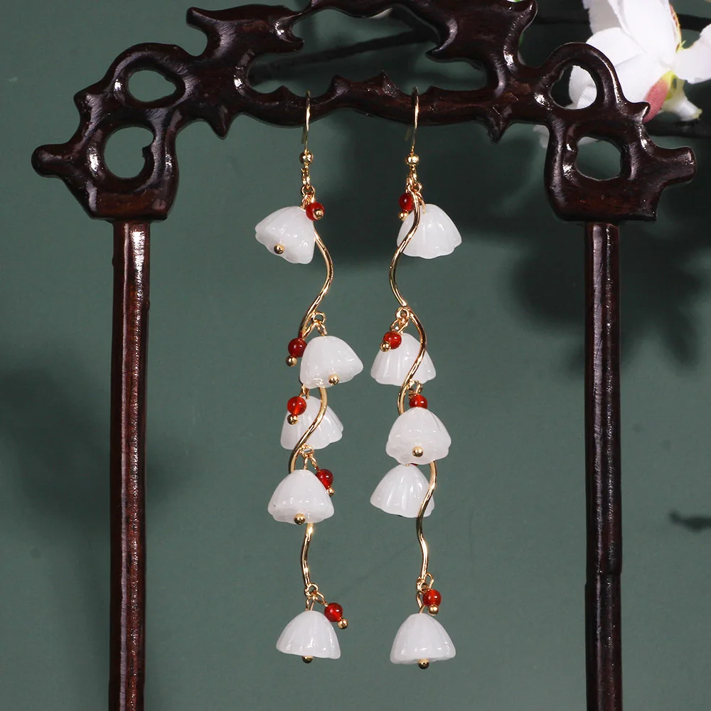 Farlena Chinese Ethnic Style Natural Stone Beads Drop Earrings for women Vintage White lotus tassel Dangle earrings long | Украшения и