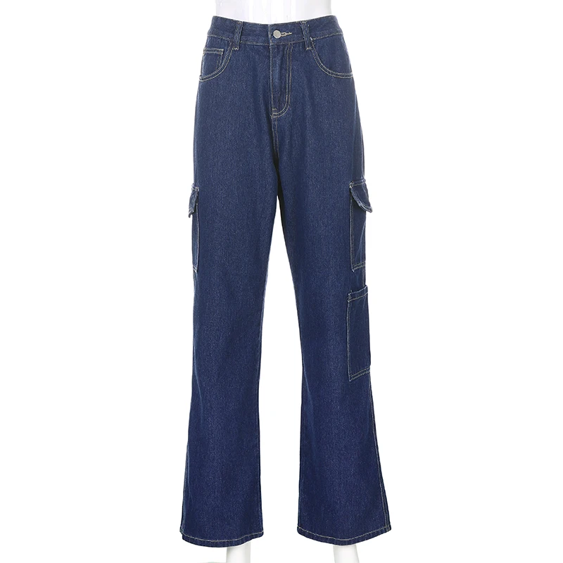Weekeep Fashion Pockets Solid High Waist Women's Jeans Streetwear 2020 Autumn Cargo Denim Pants Vintage Straight Harajuku Jeans