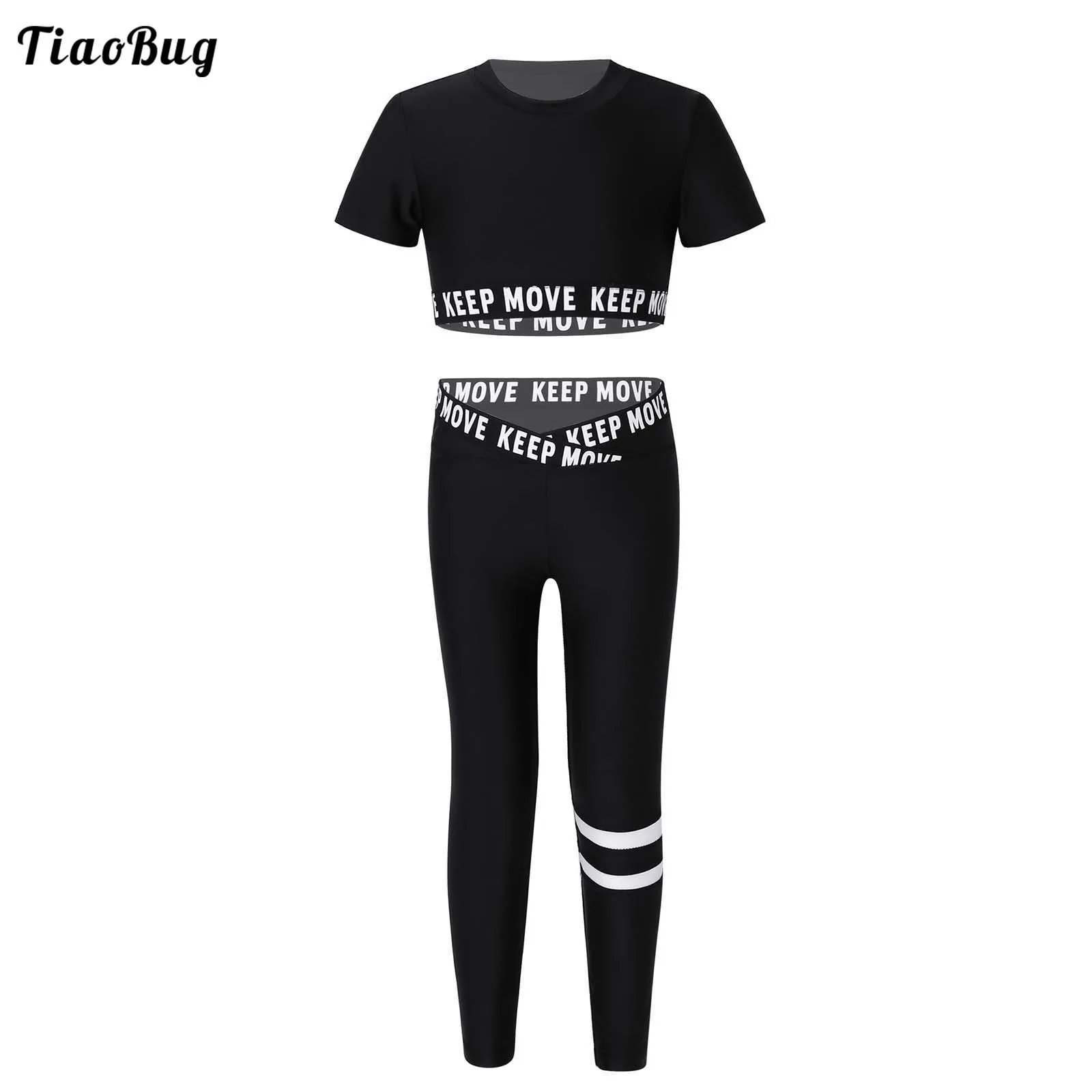 

TiaoBug 2Pcs Kids Girls Yoga Sportswear Round Neck Short Sleeve Letters Print Cropped Top High Waist Elastic Waistband Pants Set