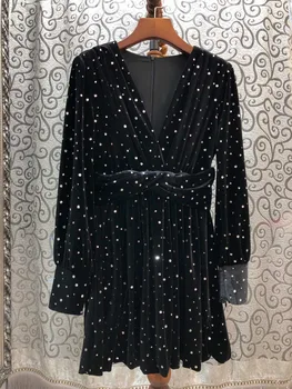 

2020 Early Spring New Model Elegant Top Quality V - Neck Long Sleeve Dots Velvet Black Dress Above Knee Free Shipping Worldwide