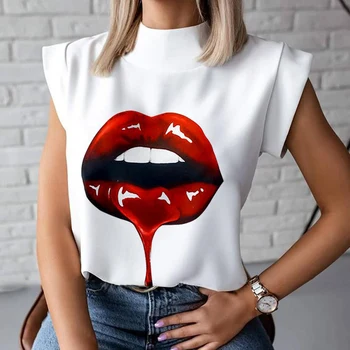 

Figure Print Sleeveless Loose Women t shirts Summer Mock Neck Lip Print Casual Tshirts Lady 2020 Fashion White tshirt Female Top