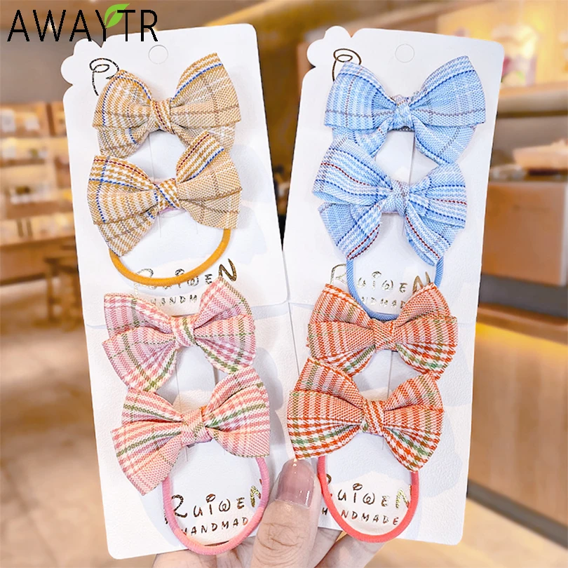 

2PCS/Set New Girls Cute Plaid Bow Hair Clip Rubber Band Sweet Headband Hair Ornament Hairpin Hair Band Fashion Hair Accessories