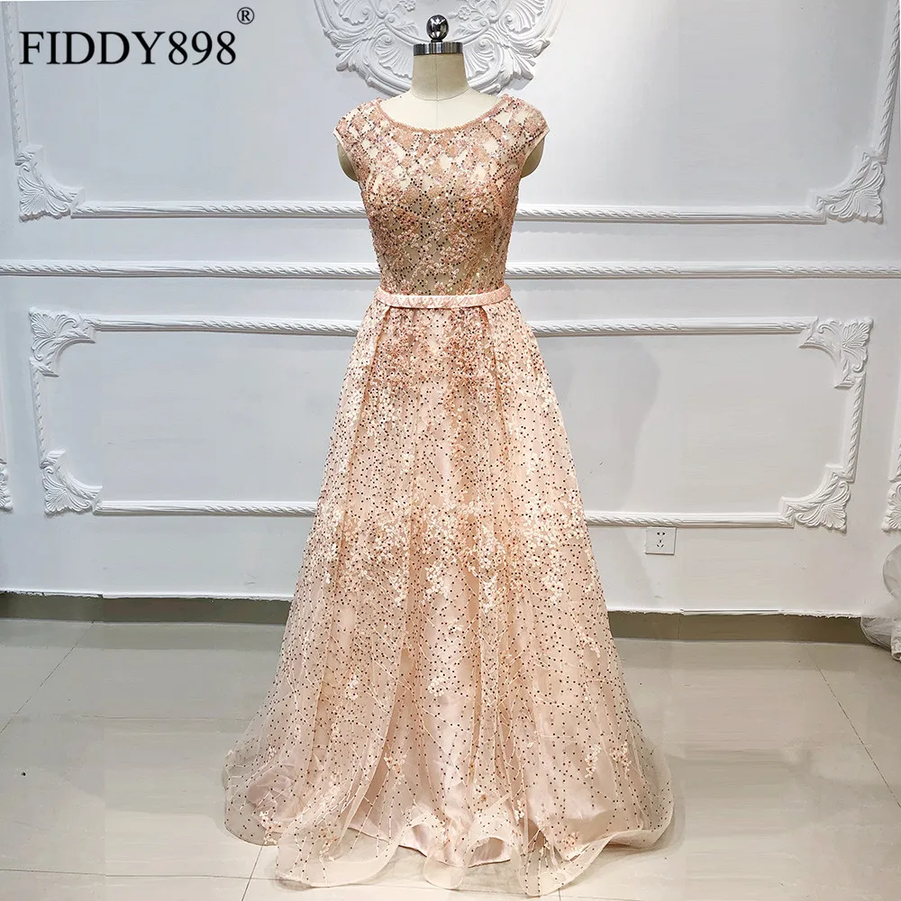 Elegant Evening Dresses Luxury Beaded A-Line Short Sleeve Dubai Gown Sheer Top Formal Party Wear Robe De Soiree 2020 | Свадьбы и