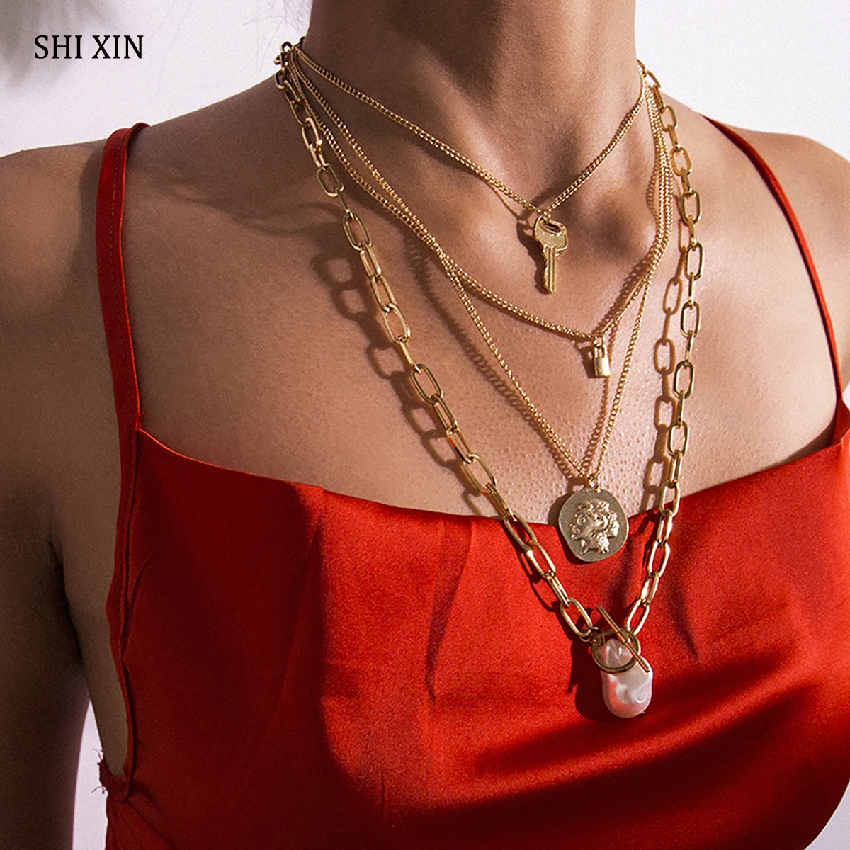 Многослойное длинное женское ожерелье SHIXIN в стиле панк модное хип хоп