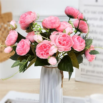 

5 Heads Tea Rose Artificial Silk Flower Bouquet Home Hotel Table Decoration Fake Flower Wedding Bride Holding Floral Bouquet