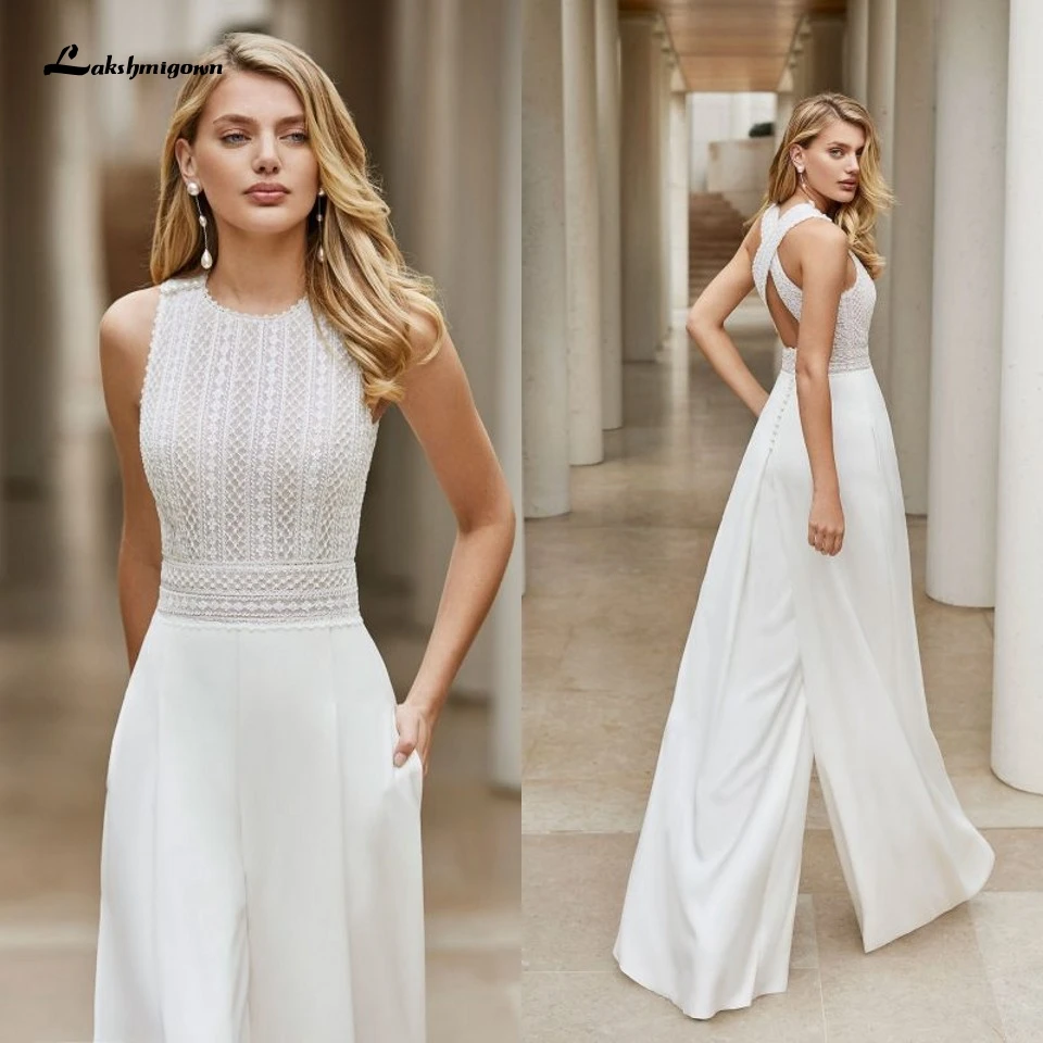White Wedding Jumpsuit Beach Dresses O Neck Floor Length Boho Bridal Gowns Outfit Customize Lace Robe De Soiree 2022 second hand wedding dresses