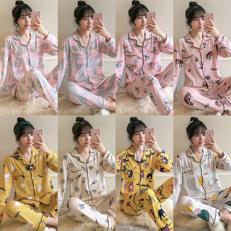 

[Multi--] Autumn Pajamas Women's Korean-style Cute Cardigan Long Sleeve Tracksuit Loose-Fit Set M -Xxl