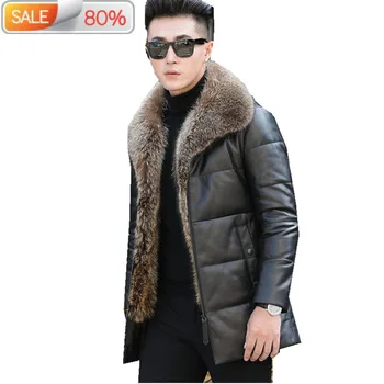 

90% Duck Down Genuine Sheepskin Leahter Winter Jacket Men Real Raccoon Fur Collar Coat A-1550 ND762