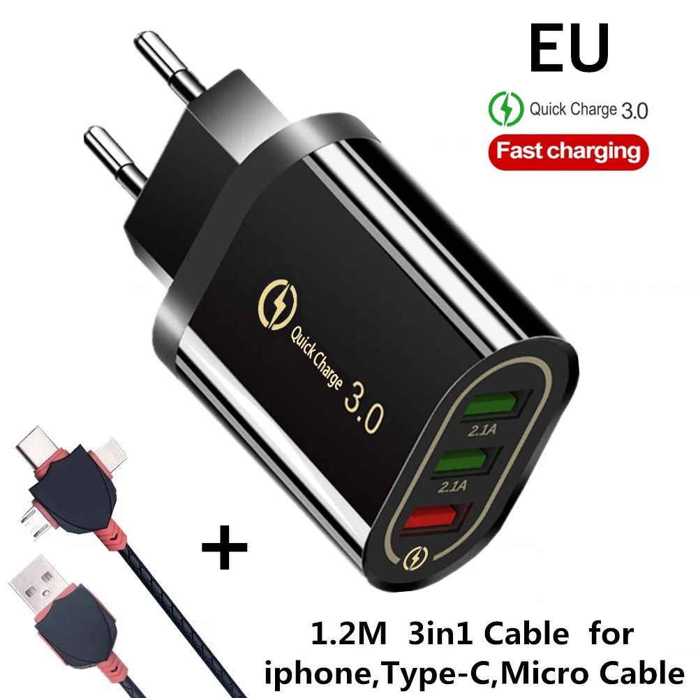 EU 3in1 Cable Black Быстрая зарядка 3,0 USB зарядное устройство QC3.0 EU/US вилка настенное быстрое зарядное устройство для samsung Xiaomi Redmi iPhone 6 7 8 X XR 11 настенное зарядное устройство для телефона - Тип штекера: EU 3in1 Cable Black