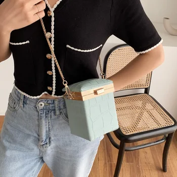 

PU Leather Shoulder Handbags Box Shape With Chain Dating Stone Pattern Shopping Fashion Mini Cross Body Daily For Women Travel