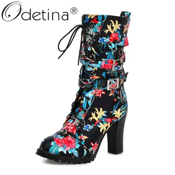 

Odetina Women Floral Printing Block High Heel Buckle Strap Combat Boots Elegant Fashion Flower Mid Calf Boots Zip Up Big Size 48