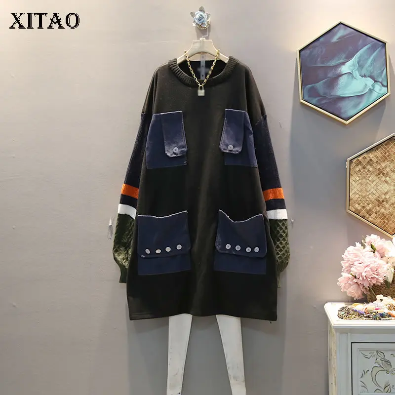 XITAO вязанное женское платье с длинными рукавами размера плюс, женские платья, трендовая бархатная осенне-зимняя одежда для женщин DMY1606