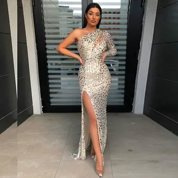 

Spring Summer One Shoulder Dress Hot Stamping Floor Length Long Dress Solid Color Night Clubwear Party Open Fork Maxi Dresses