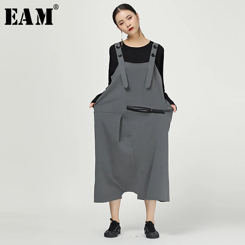 

[EAM] High Elastic Waist Pocket Strap Spiced Trousers New Loose Fit Harem Pants Women Fashion Tide Spring Autumn 2019 1A717