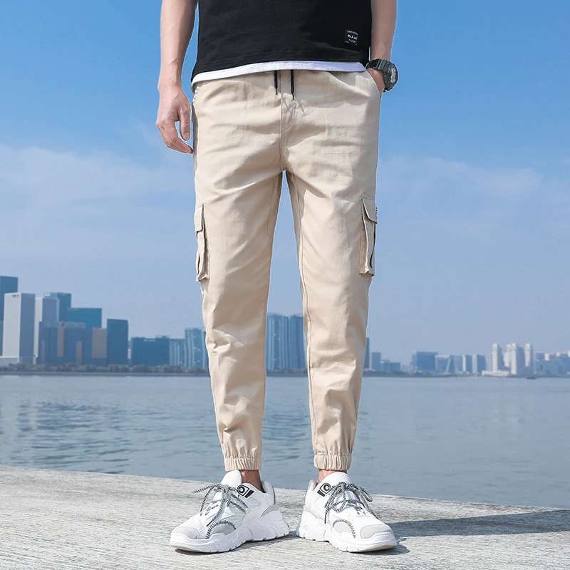 

2019 Autumn Men's Cargo Pants Cotton Comfortable Drawstring Multi-pocket Joggers Trousers Solid color Beam Foot Cargo Pants Men