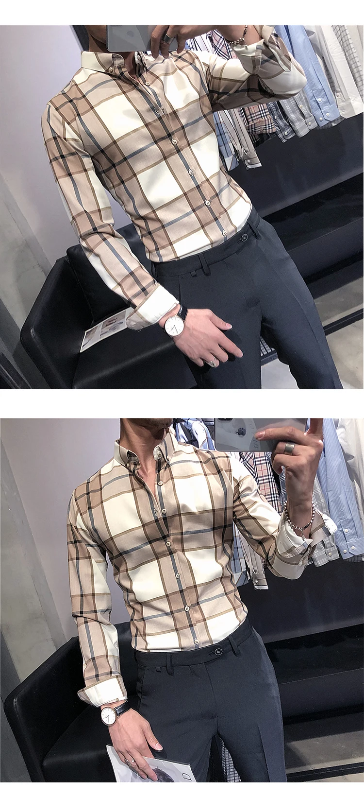 Клетчатая рубашка мужская Camisa Masculina Повседневная приталенная рубашка с длинным рукавом мужская одежда деловая официальная рубашка уличная одежда