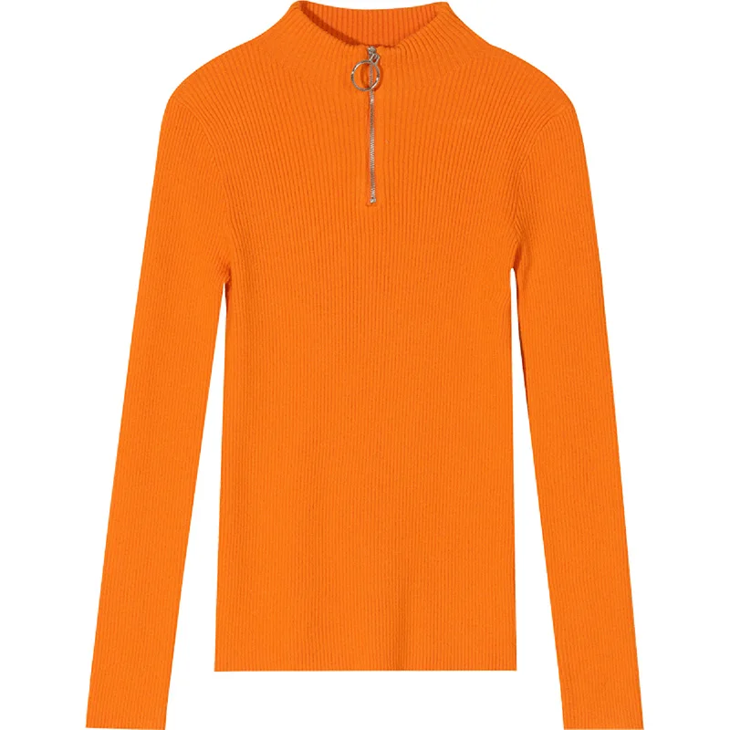 Оранжевый SAM'S TREE Black Solid Zipper Skinny Knitted Pullovers Sweaters Women Autumn Winter Orange High Collar Office Ladies Tops - Цвет: Оранжевый