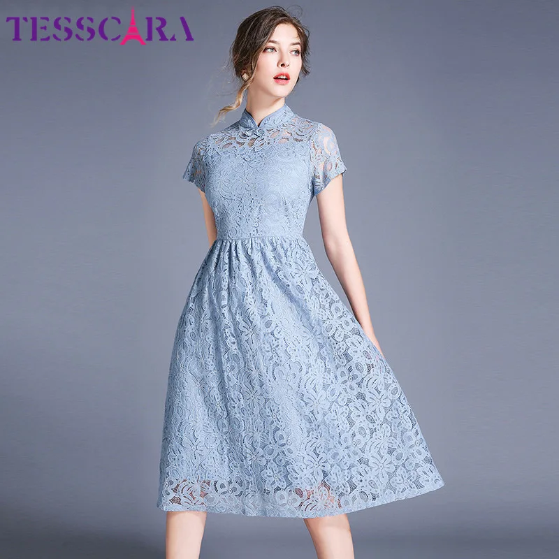 Blue TESSCARA женское летнее элегантное кружевное платье Festa Женская Высококачественная Офисная Женская одежда для вечеринки в китайском стиле дизайнерская синяя Vestidos - Цвет: Blue