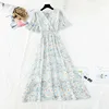 Vintage Floral Print Long Dress Women Elastic Waist Boho Short Sleeve Ruffle Chiffon Dress 2022 Sexy V Neck Party Dresses Robe ► Photo 1/6