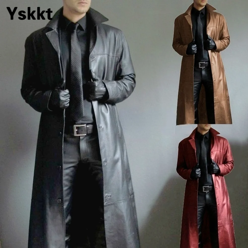 Ветровка мужская кожаная в готическом стиле тренчкот ретро длинное пальто