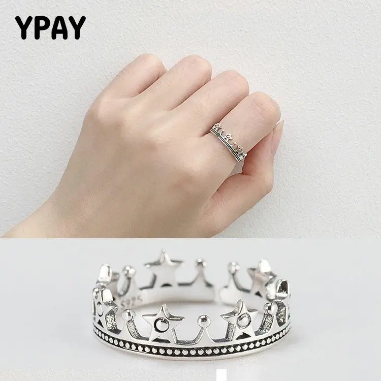 

YPAY Crown Stars Open Rings For Women Real 925 Sterling Silver Do The Old Hollow Lady Vintage Fine Jewelry Bijoux Femme YMR105