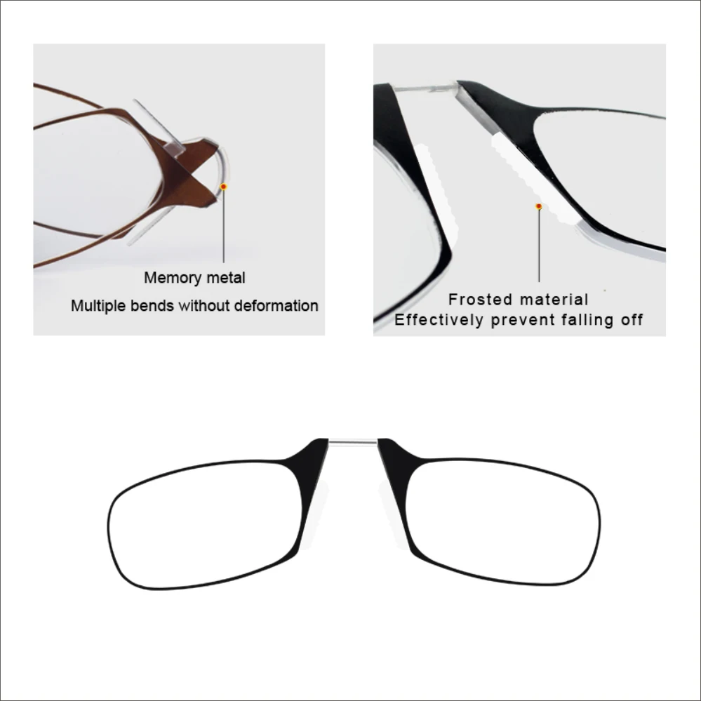 Mini Nose Clip on Reading Glasses Men Women Rimless Portable Magnifying Presbyopic Glasses Eyewear Eyeglass Hanger Clip Glasses Holder