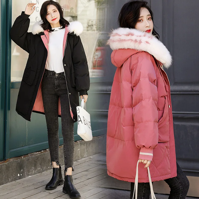 

Clip Color Large Fur Collar Bread Cotton Coat Women's 2019 Winter New Style Korean-style Loose-Fit Mid-length Large Size Cotton-