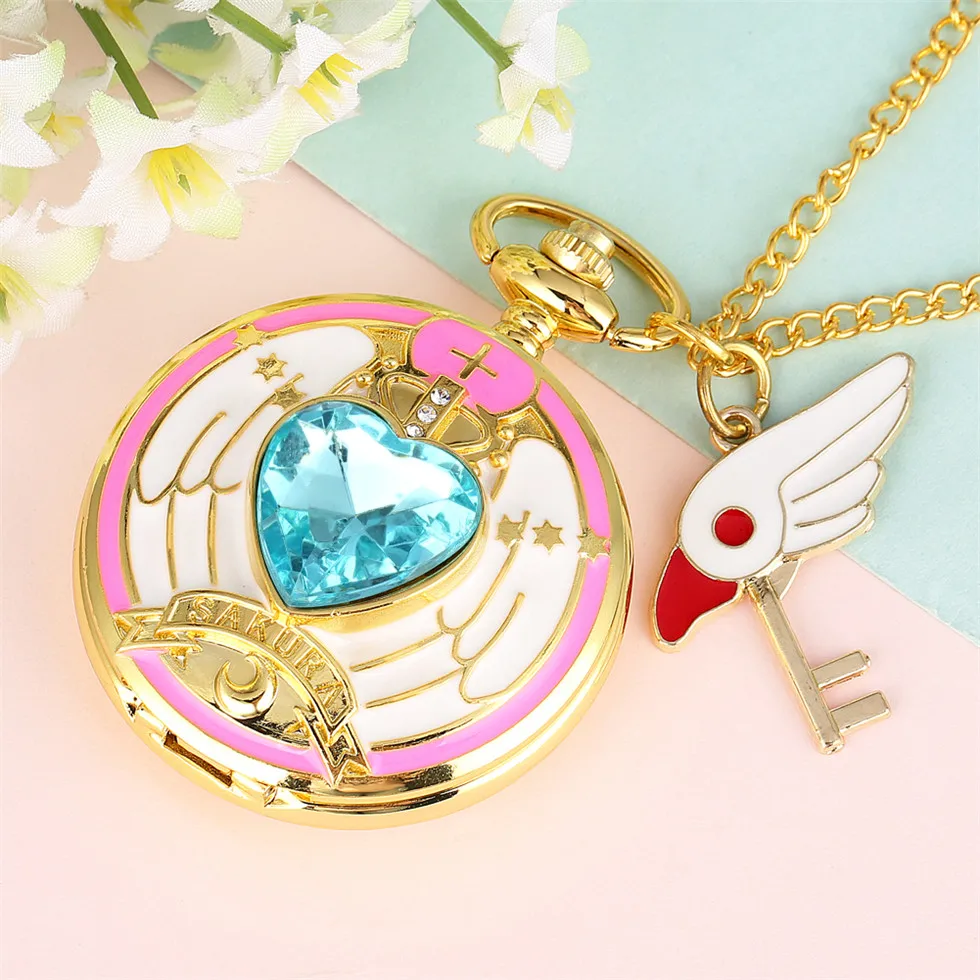 Cospaly Cardcaptor Sakura Theme карманные часы с синим сердцем крыльями ожерелье герметичным