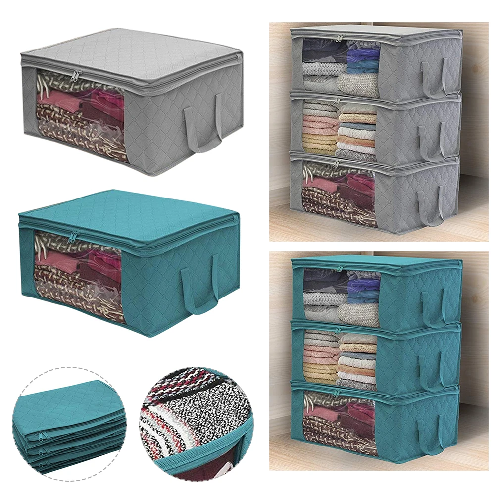 

Non-Woen Fabric Clothing Storage Bag Folding Storage Box Clear Window Zipper Case Clothes Organizer Handles 49x36x21cm