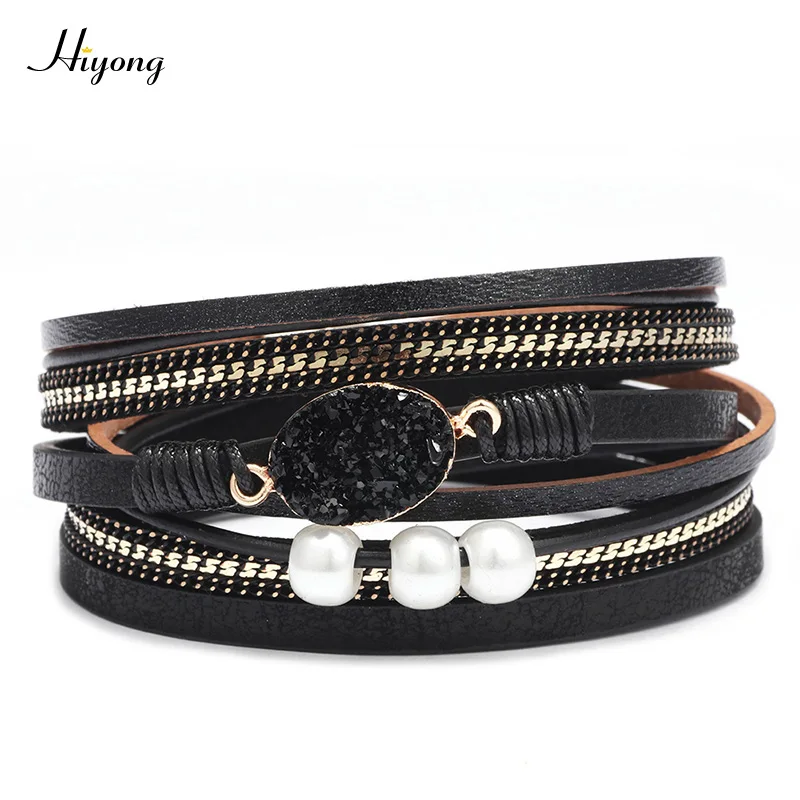 Wrap bracelet HIYONG, модные богемные многослойные кожаные браслеты для женщин, жемчужные пресной воды, очаровательные браслеты, Женские Ювелирные изделия - Окраска металла: Wrap bracelet