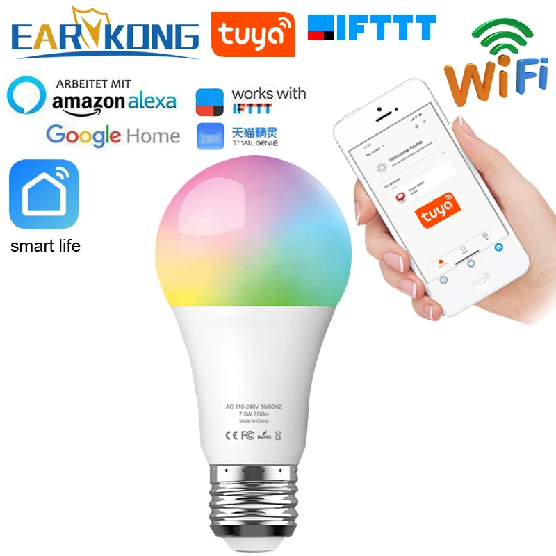 

Tuya Lamp Smart WiFi Bulb E27 Compatible With Alexa Google Home IFTTT Tuya APP Timer Dimmer For AC 100-240V 7.5W