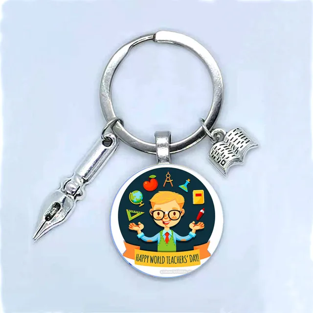Fashion New Dear Teacher Round Glass Keychain Handmade DIY Book Pen Decoration Pendant Keychain Teacher'S Day Gift Souvenir 11