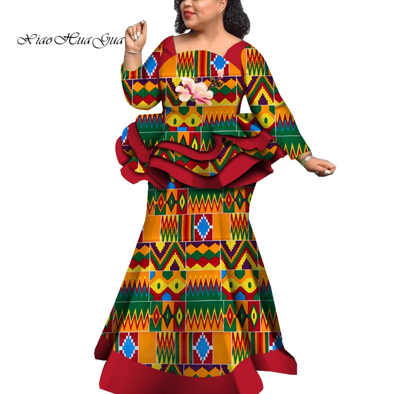 Африканский стиль, Базен Riche, платья для женщин, комплект из двух частей, женские топы с длинным рукавом и юбка-Русалка с принтом размера плюс, WY5992 - Цвет: 2