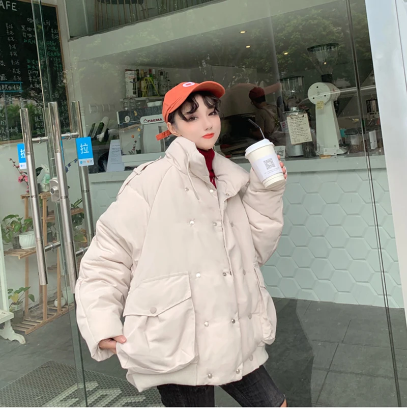 Harajuku BF утолщенные женские парки Повседневный свободный пуховик с высоким воротом женское теплое зимнее пальто с хлопковой подкладкой для женщин