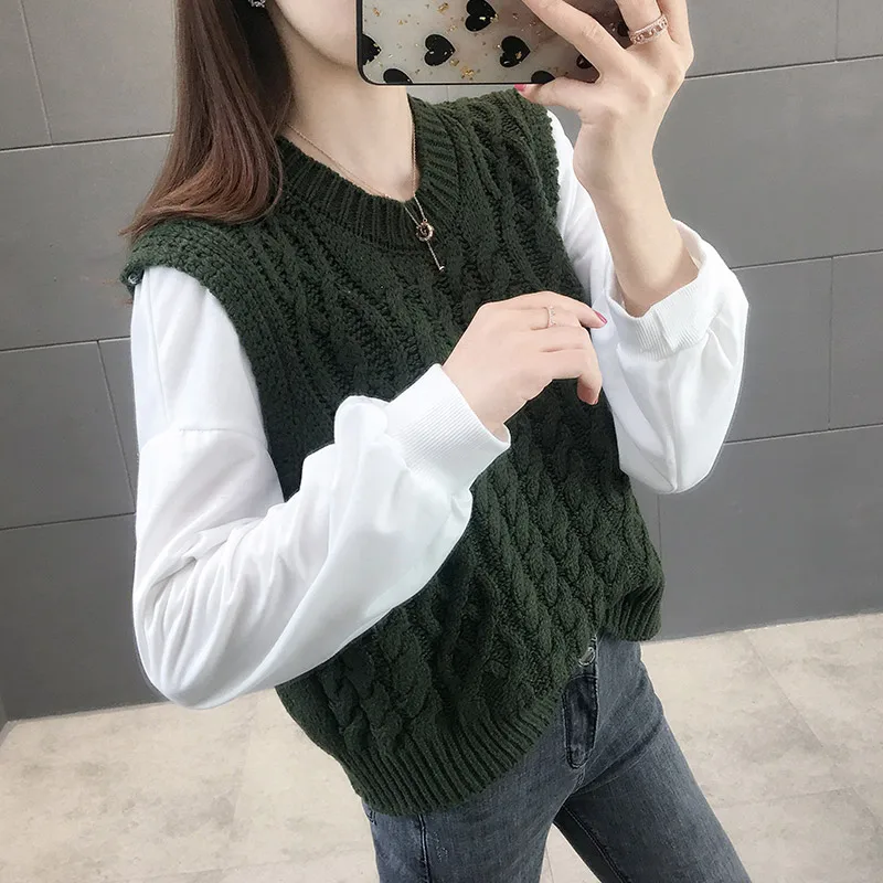 army green Neploe, имитация двух частей, пуловер, фонарик, свитер с длинным рукавом, пэчворк, вязанные Джемперы, Осень-зима, корейский стиль, круглый вырез, Pull Femme 55560 - Цвет: army green