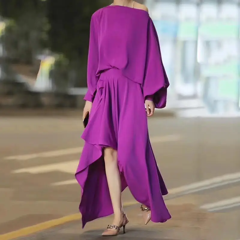 

Female new autumn high quality fashion temperament slash-neck irregular loose dress