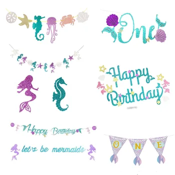 

Mermaid Pattern Aged Decoration Pull Flower ONE Girl Baby Happy Birthday Party Bunting Banner Shiny Powder Pull Flag
