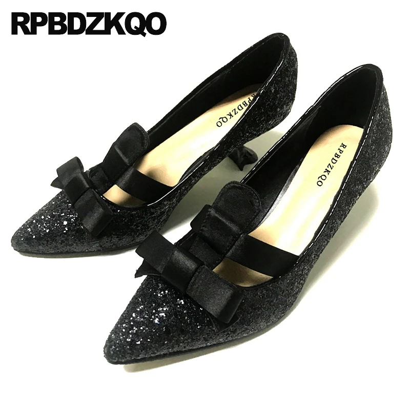 

black pointed toe japanese strap thin 2019 sparkling golden bow glitter scarpin high heels medium pumps gold women party shoes