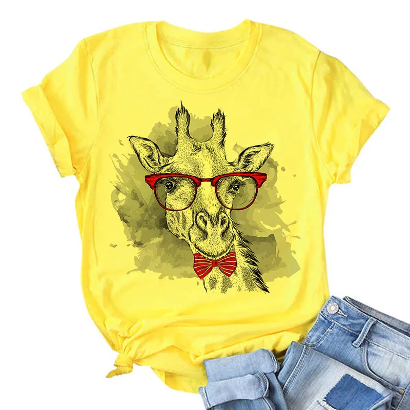 Giraffe Print Pink Woman Tshirts Women's Summer Harajuku Fun Cute Animal Pattern T Shirt Women Tops Casual Short Sleeve T-shirt