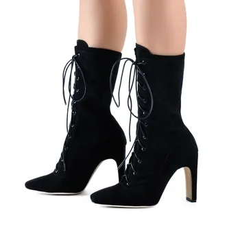 

Onlymaker Women Peepd Toe Black Flock Cross-tied Ankle Booties For Sexy Square Heels Comfortable Dress Boots